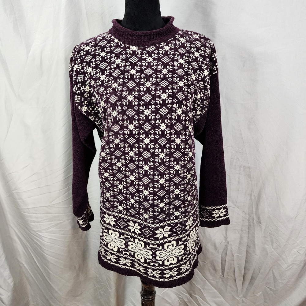 Vintage ERIKA CLASSICS Size Large Dark Purple Chenille Snowflake Holiday Sweater